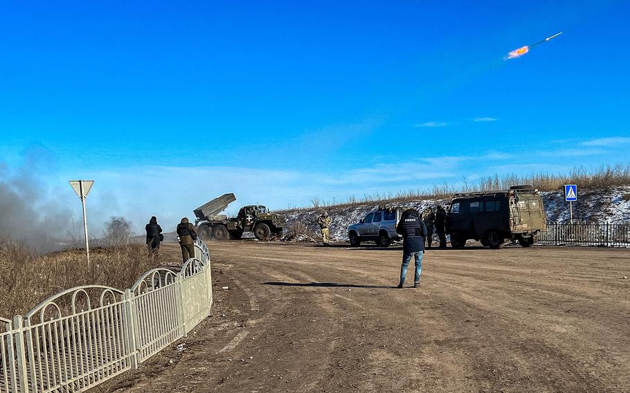 A BM-21 Grad multiple rocket launcher fires toward Russian positions on the front line near Bakhmut, Donetsk region, on Jan. 11, 2023, amid the Russian invasion of Ukraine. 