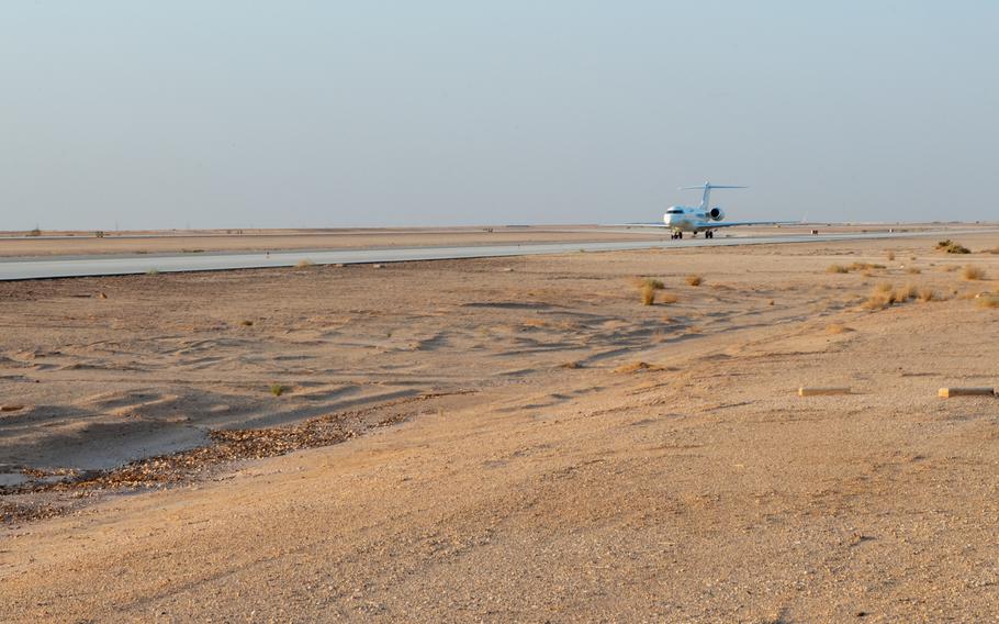 A U.S. Air Force E-11A lands at Prince Sultan Air Base in Saudi Arabia on Dec. 16, 2022. This E-11A is the newest addition to 430th Expeditionary Electronic Communications Squadron's fleet and extends the range of communications channels for military units.