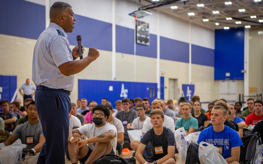 Lt. Gen Richard Clark, U.S. Air Force Academy superintendent, welcomes basic cadets from the class of 2026 to the academy for in-processing (I-Day), on June 23, 2022, in Colorado Springs, Colo. 