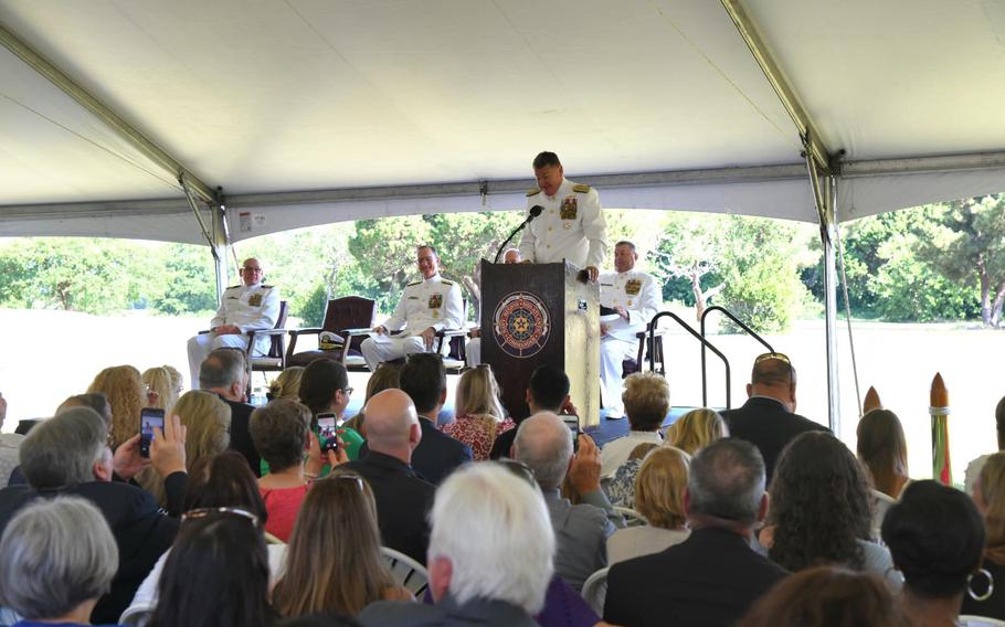 Rear Adm. Charles Rock speaks at his change of command ceremony at Navy Region Mid-Atlantic on Thursday, June 30, 2022, in Norfolk, Va.