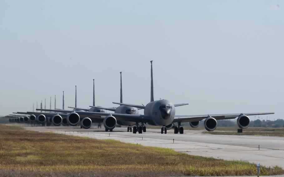 KC-135 Stratotanker aircraft assigned to the 6th and 927th Air Refueling Wings taxi in formation on the flight line April 26, 2023, at MacDill Air Force Base, Fla.