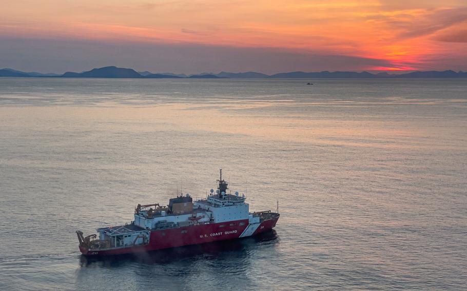 The Coast Guard Cutter Healy, a 420-foot polar icebreaker, is shown off Alaska on July 20, 2021. 