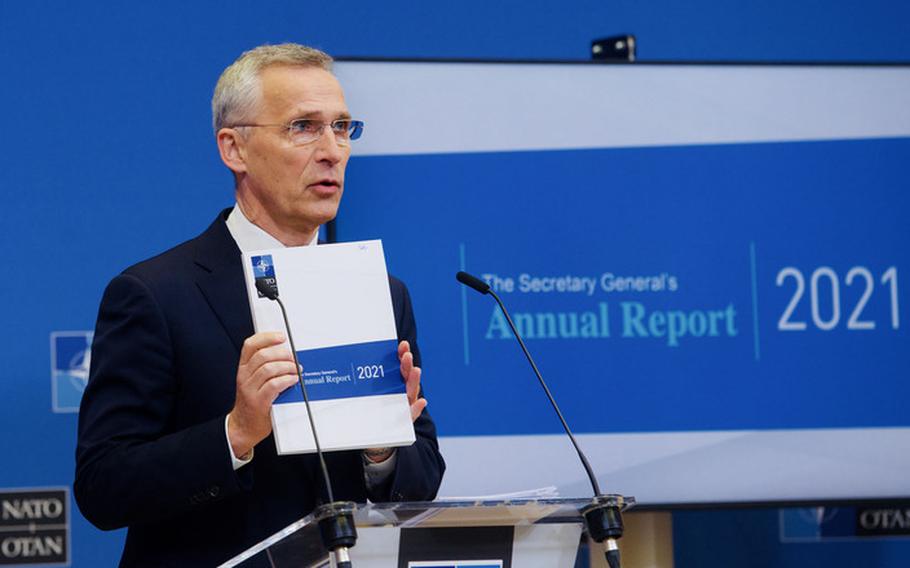 NATO Secretary-General Jens Stoltenberg presents the 2021 annual report in Brussels, March 31, 2022. Defense spending has been trending upward among members of the alliance and larger increases are anticipated in the year ahead as European countries react to Russias war on Ukraine.