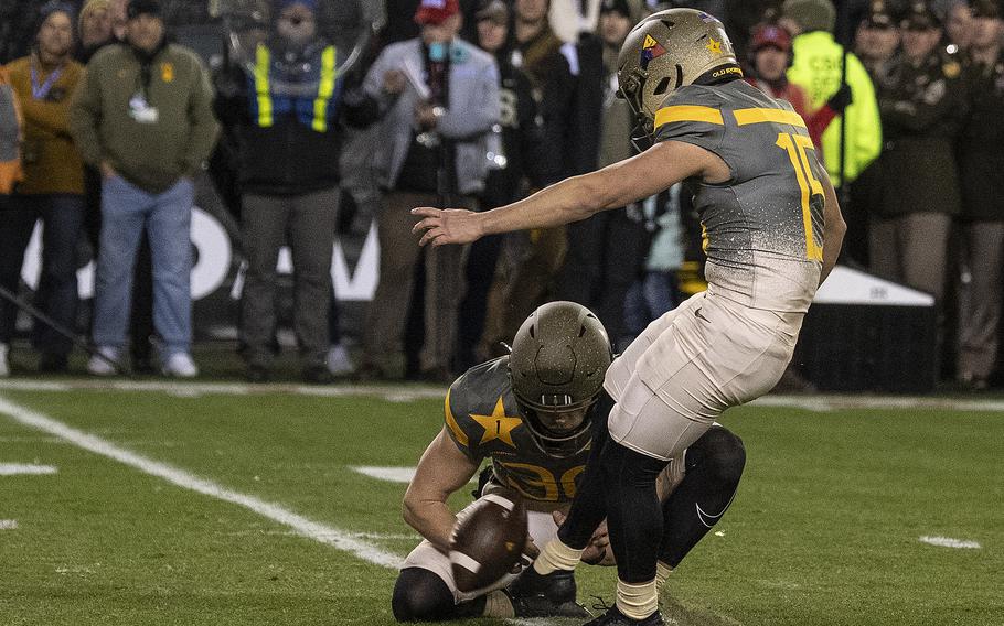 Army Black Knights kicker Quinn Maretzki kicks a field goal during the 123rd Army-Navy football game held at Philadelphia’s Lincoln Financial Field stadium on Saturday, Dec. 10, 2022. Army beat Navy 20-17 in double overtime.