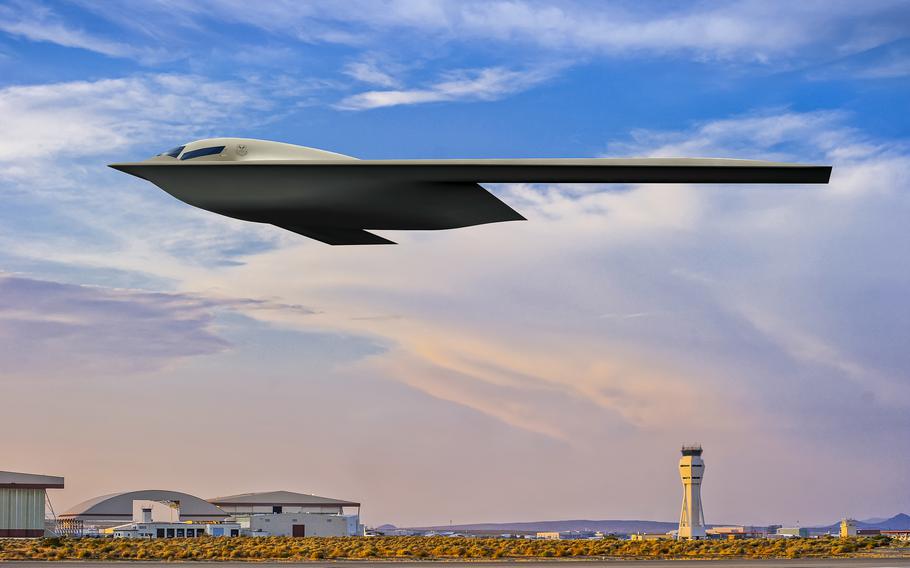 An artist’s rendering of a B-21 Raider, with Edwards Air Force Base, Calif., as the backdrop. 