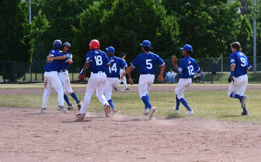 Ramstein celebrates its DODEA-Europe Division I title in baseball on Saturday, May 21, 2022, after defeating Stuttgart 17-2.