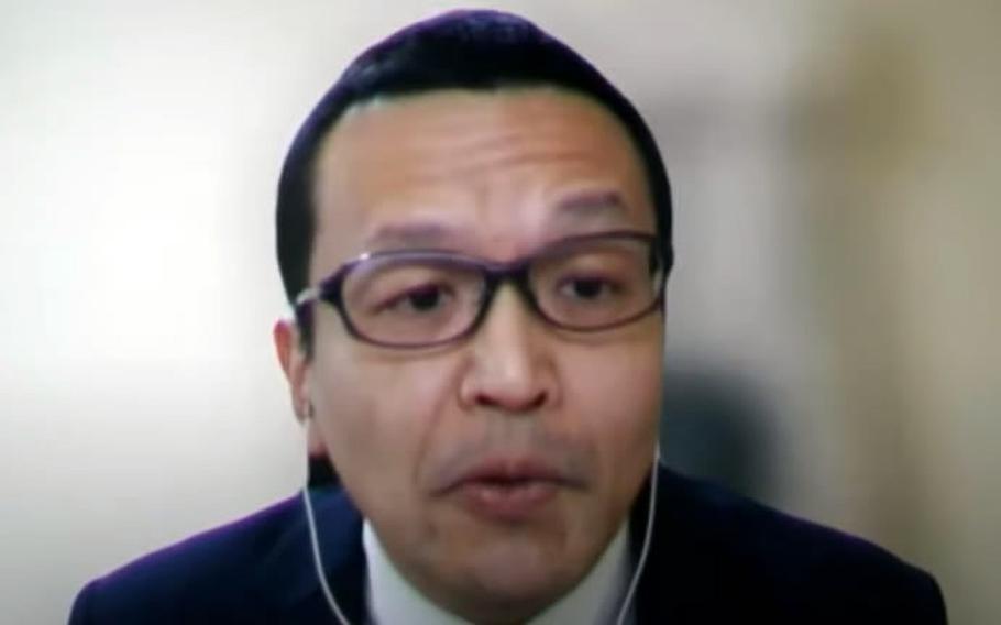 Keio University professor Atsuhito Isozaki, an expert in North Korean politics, briefs reporters March 18, 2024, in this screenshot from a webinar hosted by Foreign Press Center Japan. 