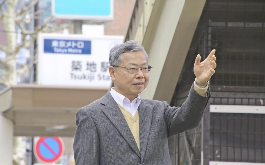 Mitsuhiro Ayaki, a victim of the 1995 sarin gas attack, talks about the atrocity near Tsukiji Station in Chuo Ward, Tokyo, on March 13, 2022.