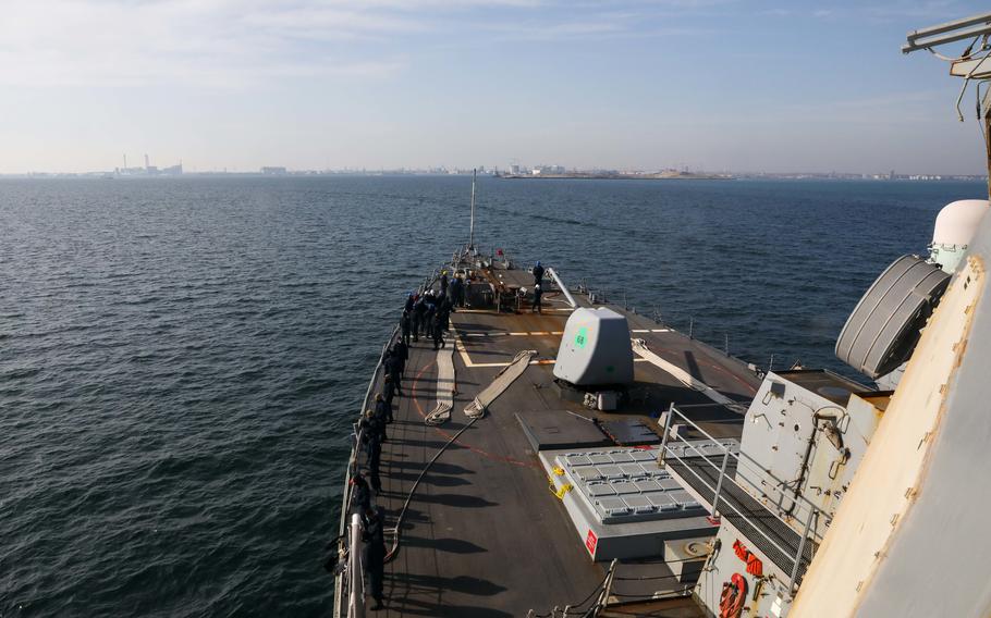 The destroyer USS The Sullivans pulls into port in Copenhagen, Denmark, March 21, 2022. The Sullivans and USS Mitscher returned to the U.S. following January deployments to U.S. 6th Fleet on Monday and Saturday, respectively, the Navy announced.  