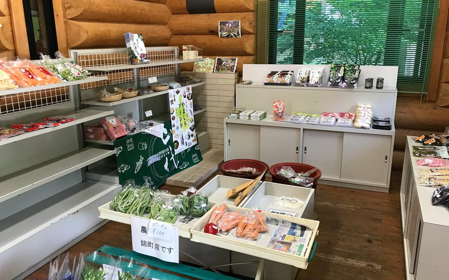 The main lodge at Jakuchikyo Camping Ground, Japan, has a small selection of snacks and fresh vegetables.