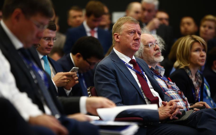 Anatoly Chubais sits in the audience during a panel session on the opening day of the St. Petersburg International Economic Forum 2016 (SPIEF) in Saint Petersburg, Russia, on June 16, 2016. 