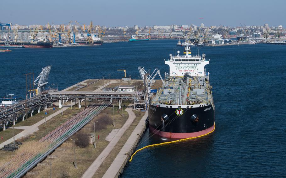 A tanker moored in a gas and oil dock at the Port of Constanta in Constanta, Romania, on Tuesday, March 22, 2022.