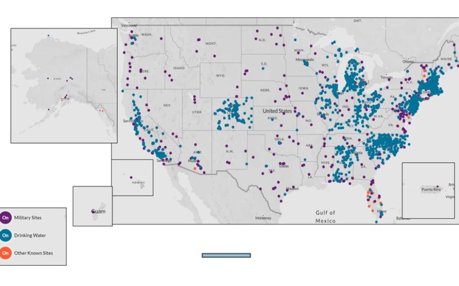 A map shows the estimated 2,854 sites in 50 U.S. states and two territories contaminated with PFAS, with points in purple representing military sites.