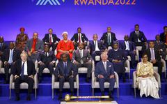 Front row from left; British Prime Minister Boris Johnson, Rwandan President Paul Kagame, Britain's Prince Charles and Secretary-General of the Commonwealth of Nations Patricia Scotland attend the opening ceremony of the Commonwealth Heads of Government Meeting (CHOGM) on Friday, June 24, 2022 in Kigali, Rwanda. Leaders of Commonwealth nations are meeting in Rwanda Friday in a summit that promises to tackle climate change, tropical diseases and other challenges deepened by the COVID-19 pandemic. (Dan Kitwood/Pool Photo via AP)
