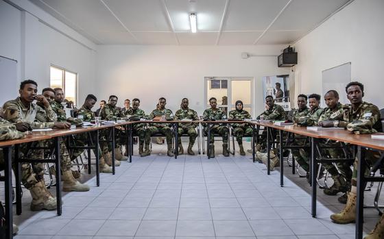 Members of the Somali army's Danab commando unit attend a training session led by U.S. Army officers in Mogadishu in June 2022. 