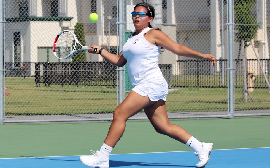 Matthew C. Perry's Maria Alvarez readies a forehand return during her 8-0 win Saturday over E.J. King's Erin Monto.