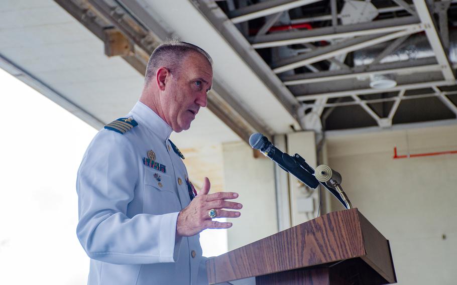 Capt. Manning Montagnet gives his final speech as commander of Naval Air Facility Atsugi, Japan, Aug. 24, 2023.
