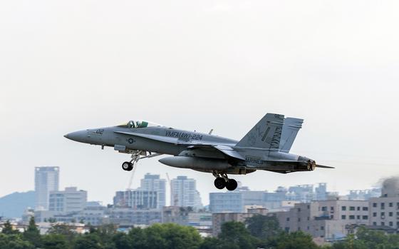 An F/A-18C Hornet with Marine All-Weather Fighter Attack Squadron 224 takes off from Suwon Air Base, South Korea, Aug. 7, 2024. 