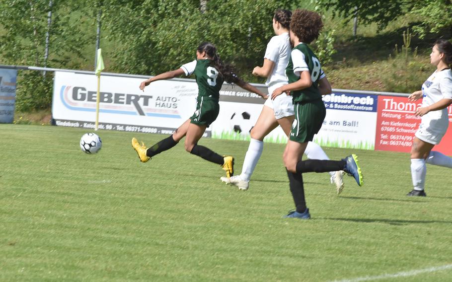 AFNORTH's Selah Skariah ties the game with Sigonella at 2-2 on Monday, May 16, 2022, in the DODEA-Europe girls Division III soccer championships at Reichenbach, Germany.