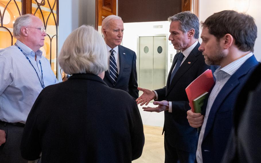 President Biden meets with senior advisors following his remarks on the Israel-Hamas war on Oct. 7.