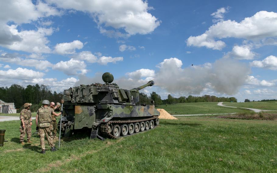 Ukrainian artillerymen fire the M109 self-propelled howitzer during training at Grafenwoehr Training Area, Germany, May 12, 2022. A new command located at Wiesbaden's Clay Kaserne is planned to function as the administrative hub for training and equipping Ukrainian troops as they defend their country from Russia.