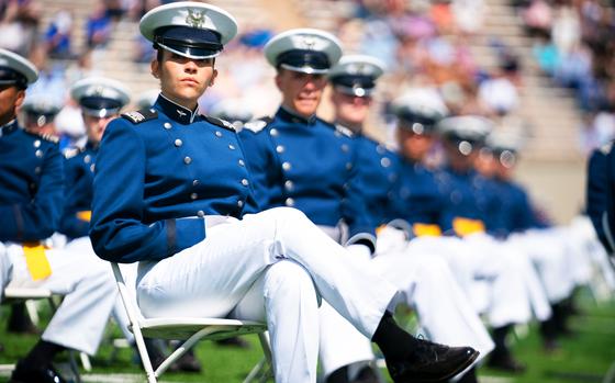 U.S. Air Force Academy cadets graduate during a ceremony at the U.S. Air Force Academy, Colo.