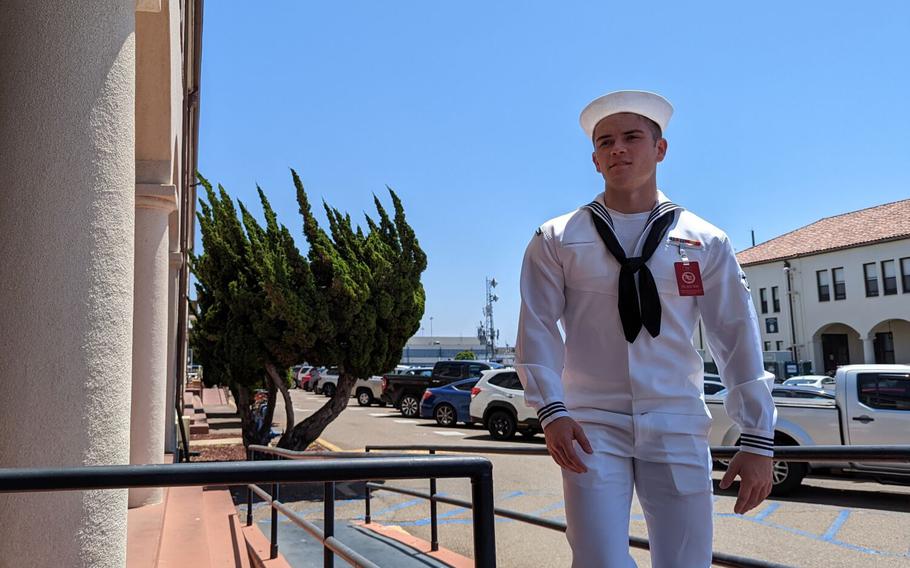 Seaman Recruit Ryan Mays approaches the Naval Base San Diego courthouse after a lunch break on August 17, 2022.