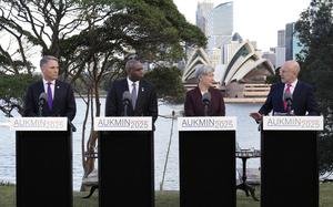 Australian Deputy Prime Minister Richard Marles, from left, Britain's Secretary of State for Foreign, Commonwealth and Development Affairs David Lammy, Australian Foreign Minister Penny Wong and Britain's Secretary of State for Defence John Healey hold a press conference at Admiralty House following the Australia-UK Ministerial Consultations (AUKMIN) in Sydney, Australia, Friday, July 25, 2025. (AP Photo/Rick Rycroft)