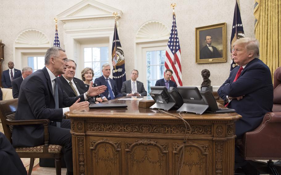 NATO Secretary-General Jens Stoltenberg, left, meets with then-President Donald Trump at the White House in 2019. During a campaign speech Feb. 10, 2024, Trump said he would encourage Russia to attack NATO allies that aren't spending enough on their own defense.