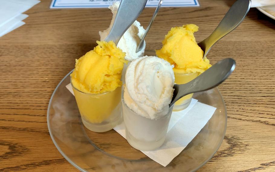 Complimentary scoops of vanilla and mango gelato capped a recent meal at Pizzeria Gelateria Razzo in Yokohama, Japan.