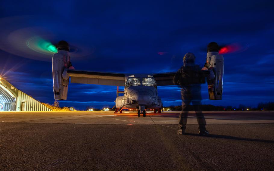 A Marine Corps MV-22 Osprey prepares to take off from Bodo Air Base, Norway, during the Cold Response exercise, March 16, 2022. 