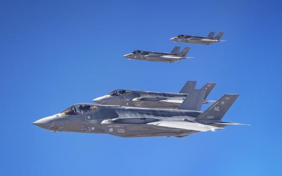 U.S. Air Force F-35A Lightning IIs and Israeli Air Force F-35I Adirs fly in formation during exercise Enduring Lightning III over Israel, Oct. 12, 2020.  The United States and Israeli air forces train to maintain a ready posture to deter against regional aggression while forging strategic partnerships across the U.S. Central Command and U.S. European Command areas of responsibility.  