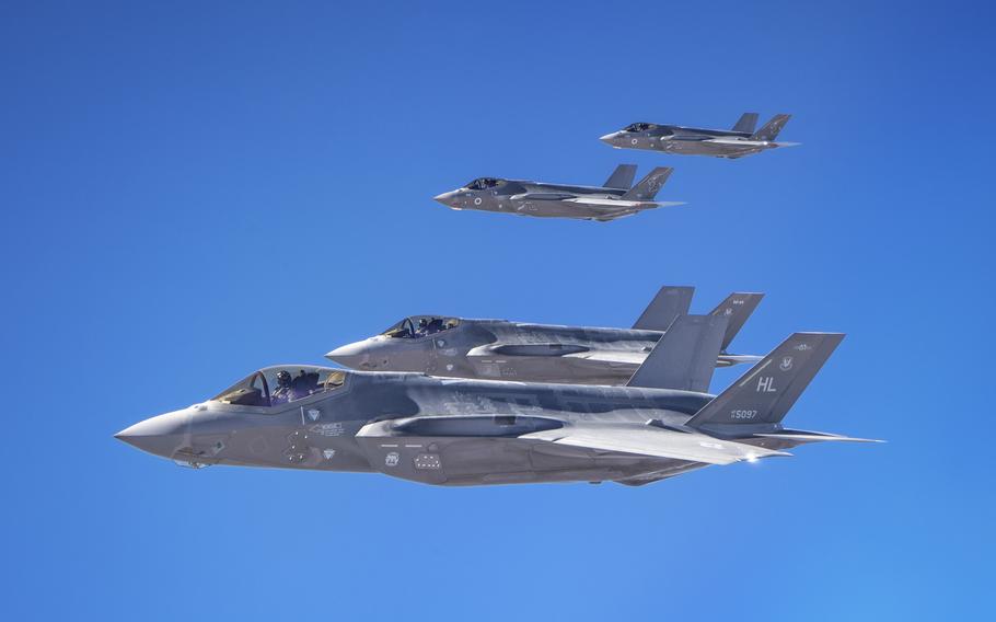 Air Force F-35A Lightning IIs and Israeli Air Force F-35I Adirs fly in formation during exercise Enduring Lightning III over Israel in October 2020.  
