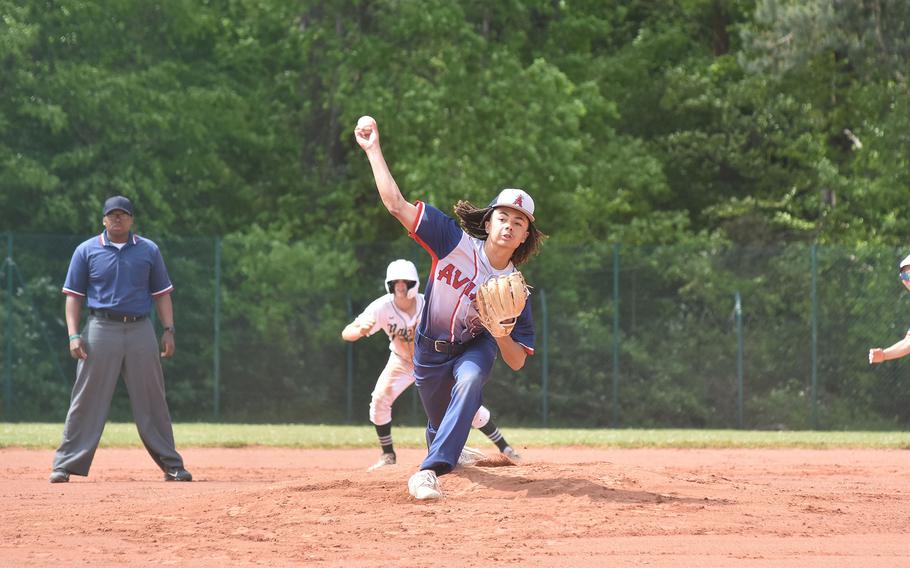 Aviano freshman Sergio Melendez struck out nine batters and held unbeaten Naples to two runs in five innings on Friday, May 19, 2023, at the DODEA-Europe Division II/III baseball championshps in Kaiserslautern, Germany. The Wildcats prevailed 3-2 in six innings.