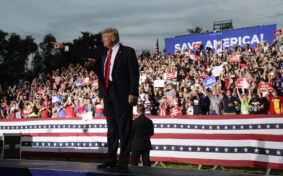 Former President Donald Trump walks on stage during a rally at the Sarasota Fairgrounds on July 3, 2021, in Sarasota, Fla. 