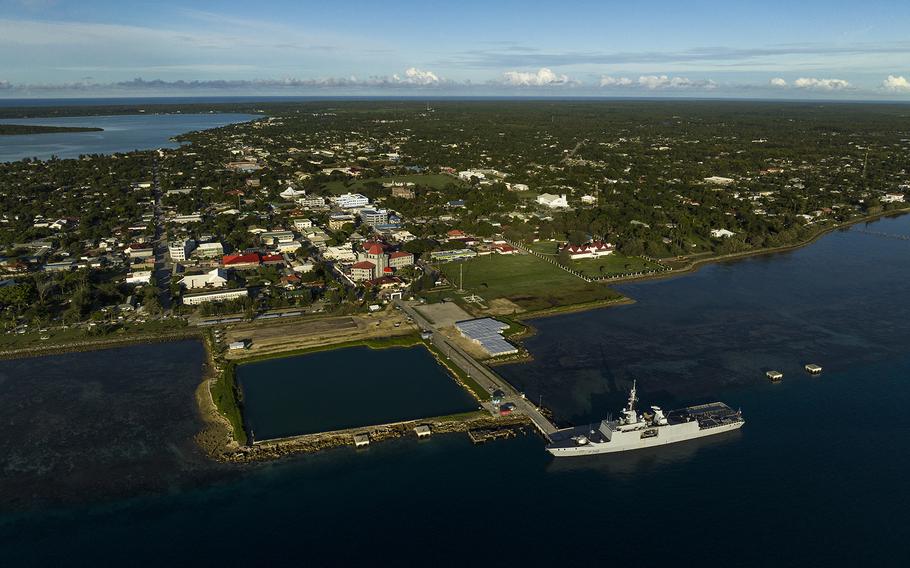 A view of Nukualofa, Tonga's central hub of political and economic activity. In 2022, the French Navy patrol vessel La Glorieuse brought aid to the island in the aftermath of the eruption. 