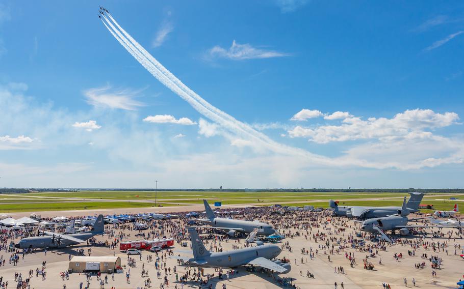 The United States Air Force Air Demonstration Squadron Thunderbirds perform during Tampa Bay AirFest at MacDill Air Force Base, Fla., Saturday, March 30, 2024. The Thunderbirds headlined Tampa Bay AirFest to showcase the pride, precision and professionalism of nearly 700,000 total force airmen across the globe.