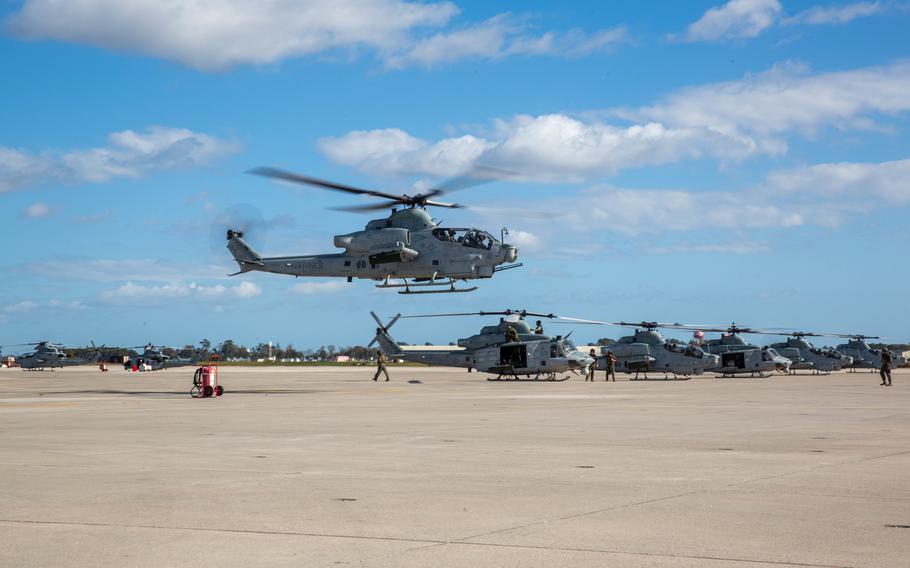 A U.S. Marine Corps AH-1Z Viper, assigned to Marine Light Attack Helicopter Squadron (HMLA) 269, taxis for the squadron’s final flight at Marine Corps Air Station New River, North Carolina, Nov. 7, 2022.