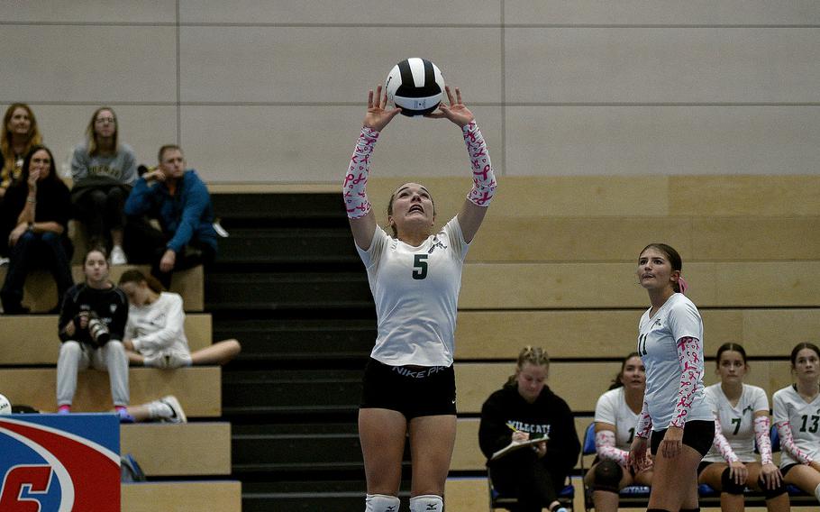 Naples' Emma Heavey sets the ball during the Wildcats' match with Vicenza during pool-play action of the DODEA European volleyball championships on Oct. 26, 2023, at Ramstein High School on Ramstein Air Base, Germany.