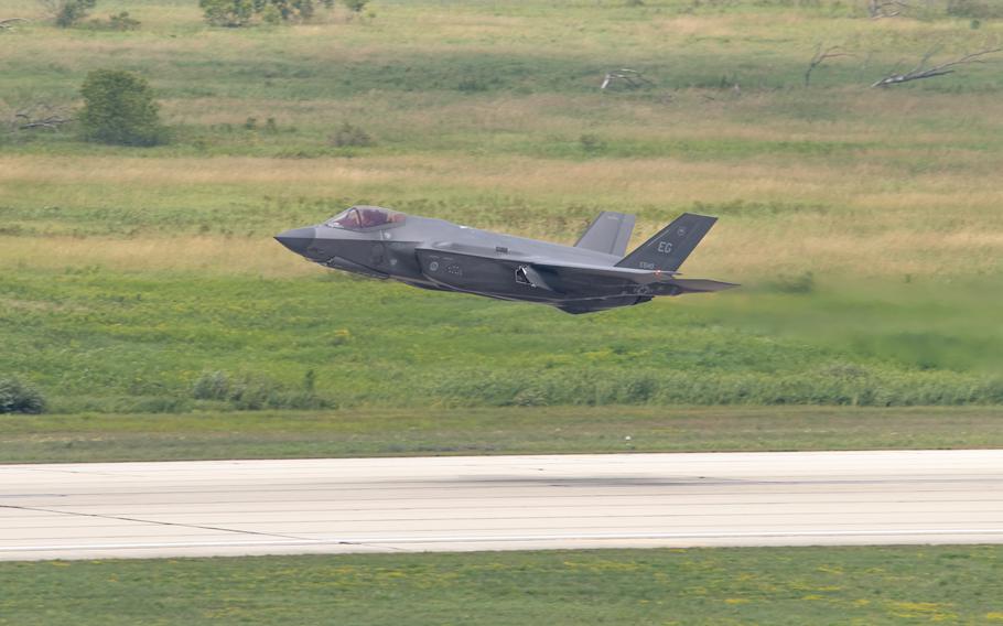 A U.S. Air Force F-35 Lightening II, assigned to the 33rd Fighter Wing, Eglin Air Force Base, Fla., takes off during a training flight, as part of exercise Northern Lightning, at Volk Field Air National Guard Base in Camp Douglas, Wis., Aug. 9, 2023.