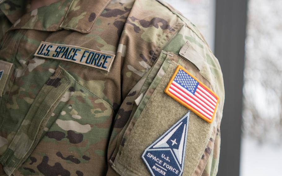 Staff Sgt. David Diehl II, 436th Communications Squadron noncommissioned officer in charge of wing cybersecurity, displays his new United States Space Force tapes and service branch patch at Dover Air Force Base, Delaware, Feb. 12, 2021.
