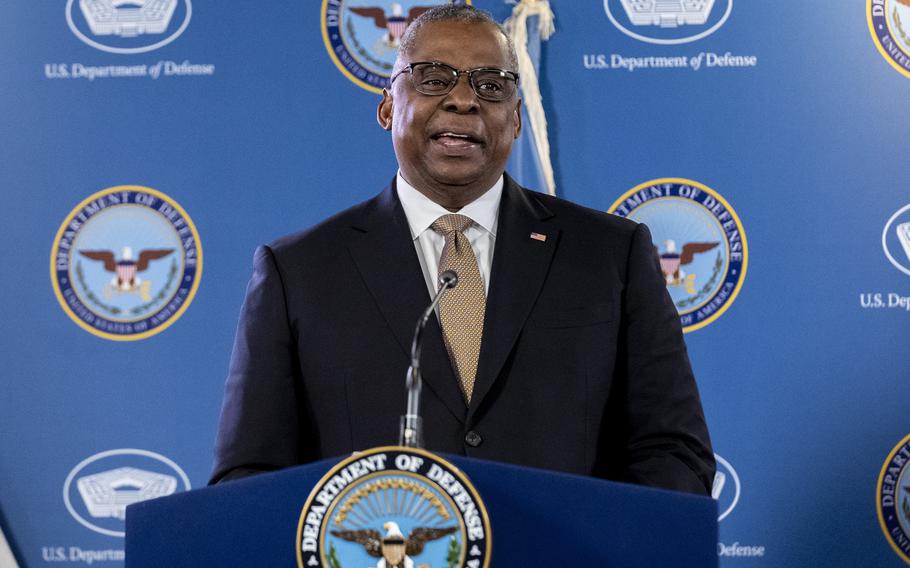 Secretary of Defense Lloyd Austin, speaks during a briefing with Chairman of the Joint Chiefs, Gen. Mark Milley at the Pentagon in Washington, Wednesday, March 15, 2023. 