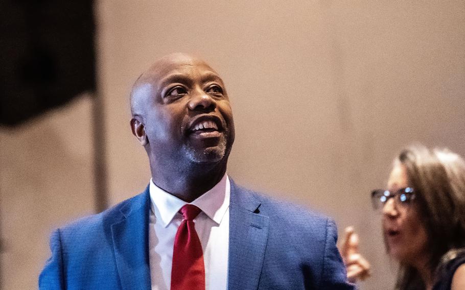 Sen. Tim Scott, R-S.C., speaks at an event in Anaheim, Calif., on Sept. 29, 2023.