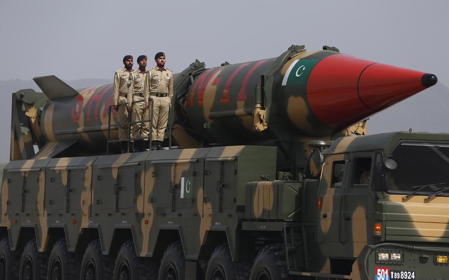 A Pakistani-made Shaheen-III missile, that is capable of carrying nuclear warheads, are displayed during a military parade to mark Pakistan National Day, in Islamabad, Pakistan, on March 23, 2022. 