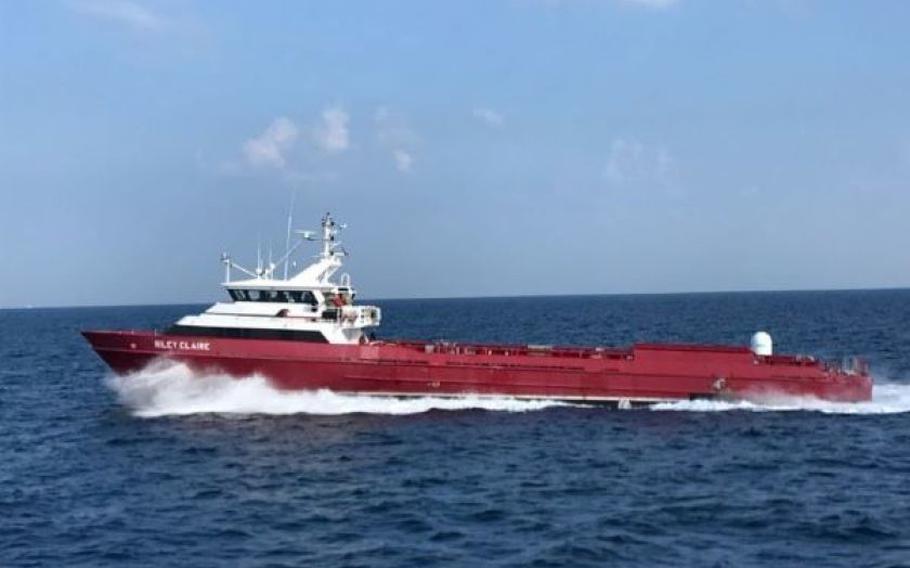 The autonomous “Ghost Fleet Overlord” test vessel Nomad, which was previously a commercial supply ship called Riley Claire, sails during a 2019 demonstration.