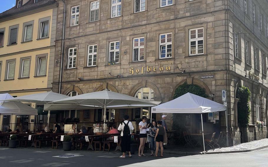 The outside of Hofbrau Brewery on June 21, 2021, in Bamberg, Germany. Bamberg is known for its rauchbier, or smoked beer.