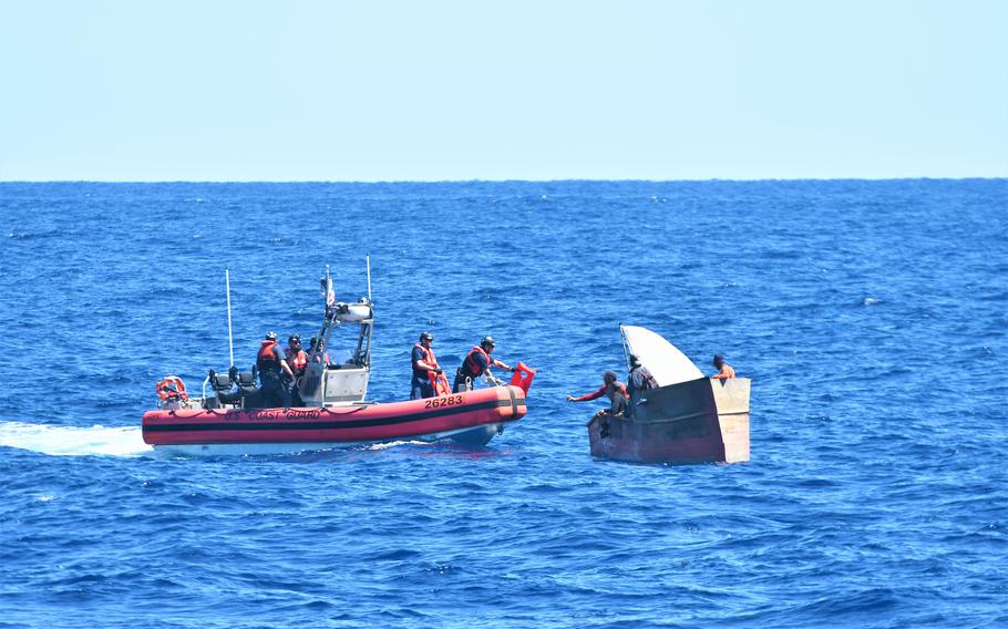 A Customs and Border Protection Air and Marine Operations air crew alerted spotted this rustic vessel about 50 miles south of Boca Chica, Fla, Oct. 1, 2022. The people were repatriated to Cuba on Oct. 5, 2022. The U.S. Coast Guard had safely interdicted and returned to Cuba 6,182 Cuban migrants in fiscal year 2022 with no fatalities during the encounters. The U.S. Coast has sent back 1,105 Cubans in October.