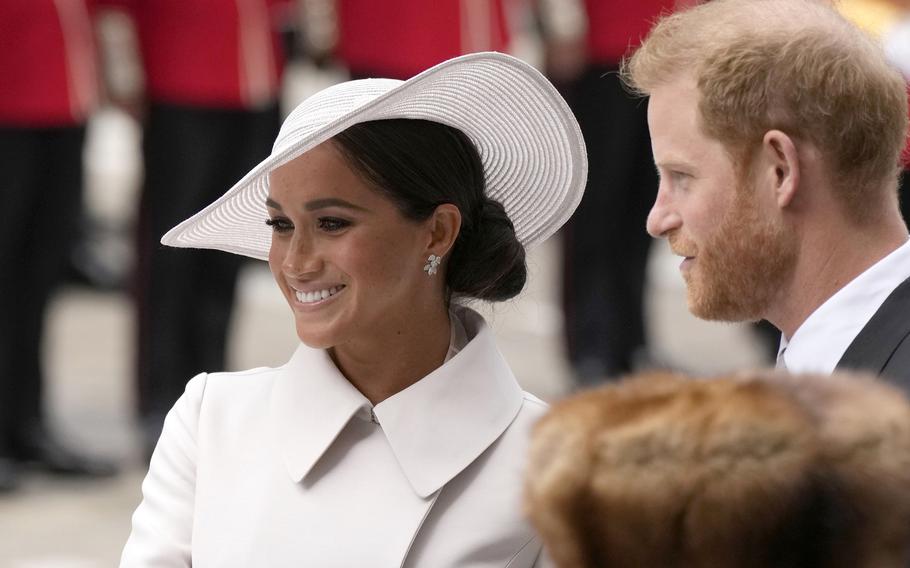 Prince Harry and Meghan Markle, Duke and Duchess of Sussex arrive for a service of thanksgiving for the reign of Queen Elizabeth II at St Paul’s Cathedral in London, Friday, June 3, 2022 on the second of four days of celebrations to mark the Platinum Jubilee. The events over a long holiday weekend in the U.K. are meant to celebrate the monarch’s 70 years of service. 