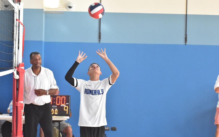 Rota setter Anthony Dominguez tries to set up a teammate for a kill Thursday, Oct. 27, 2022, in a match against Naples.

Kent Harris/Stars and Stripes