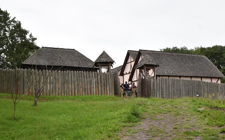 The gate of the Keltendorf am Donnersberg in Steinbach am Donnersberg, Germany, is seen on Aug. 13, 2023. The replica Celtic village was built in 2003.